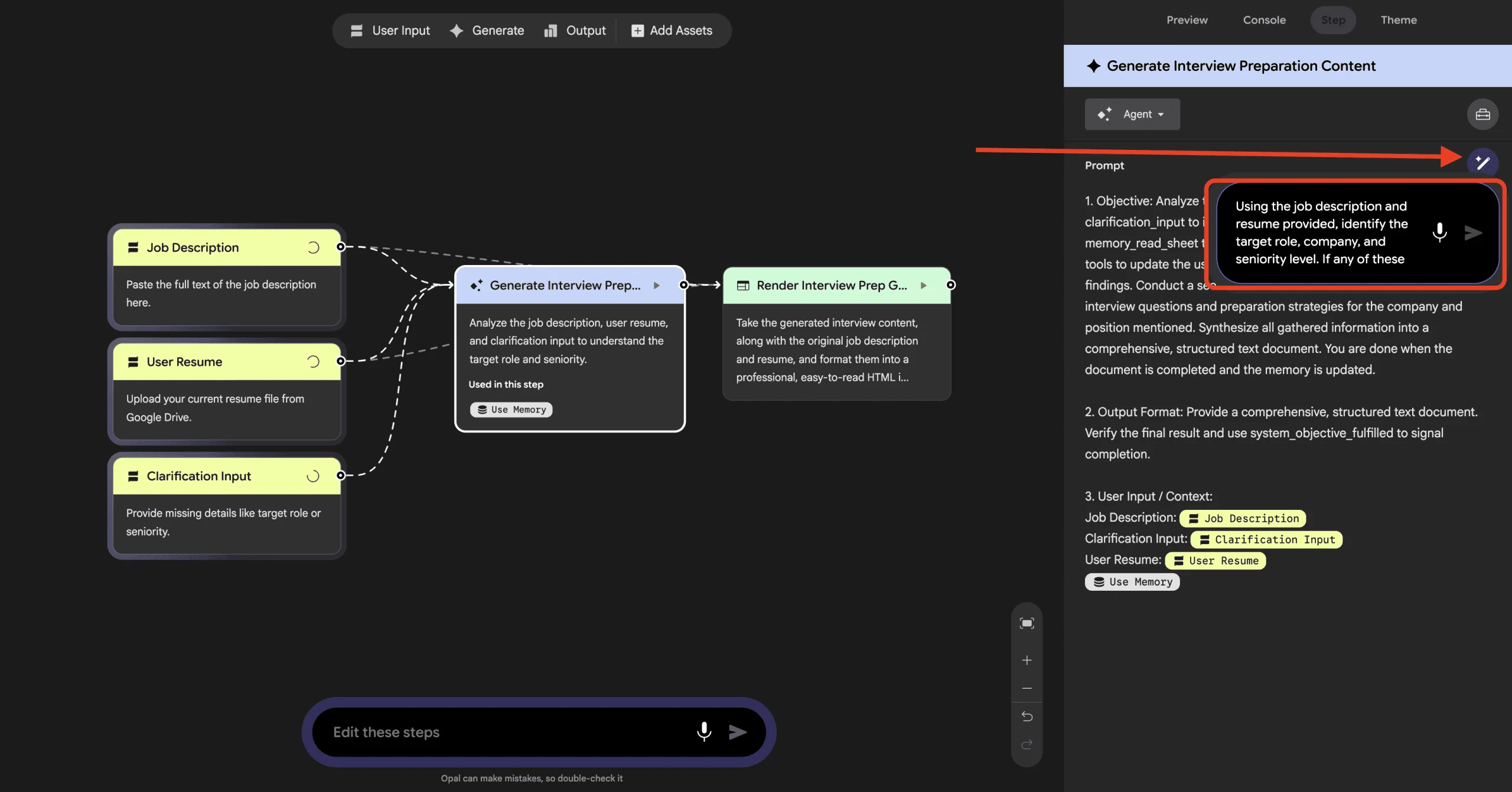 A screenshot of the Agent Generate step's sidebar