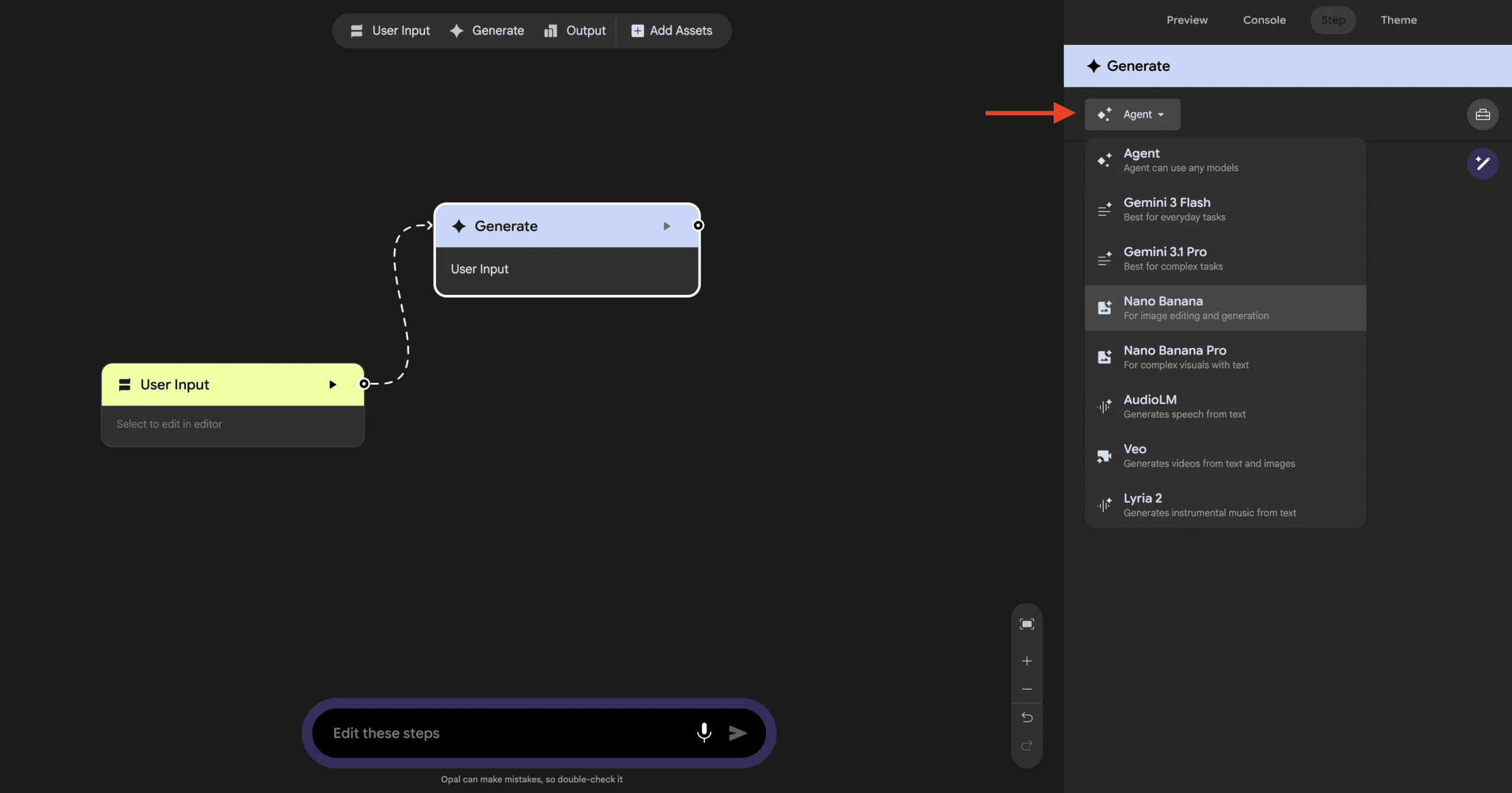 A screenshot of the Generate step's model selector dropdown, with Agent visible and highlighted at the top of the list