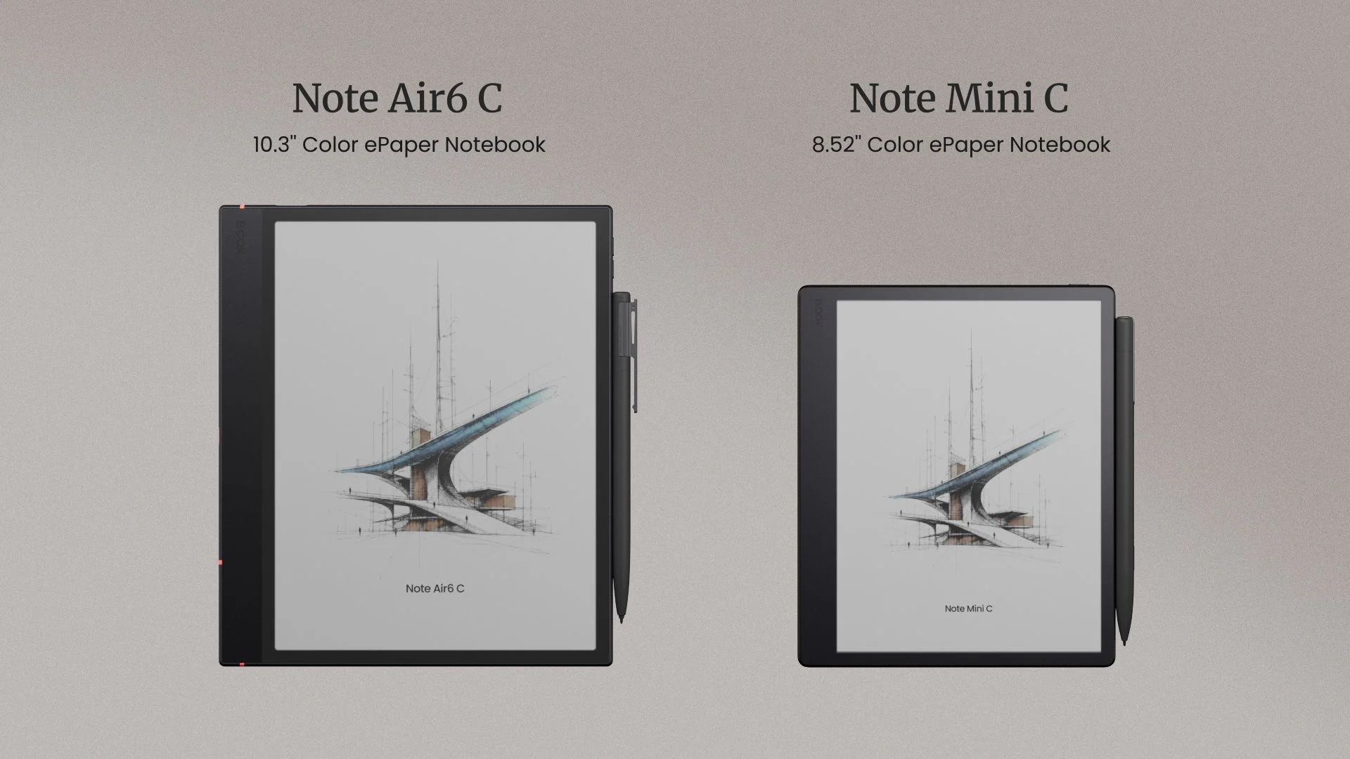The Boox Note Air6 C alongside the upcoming, smaller Note Mini C.