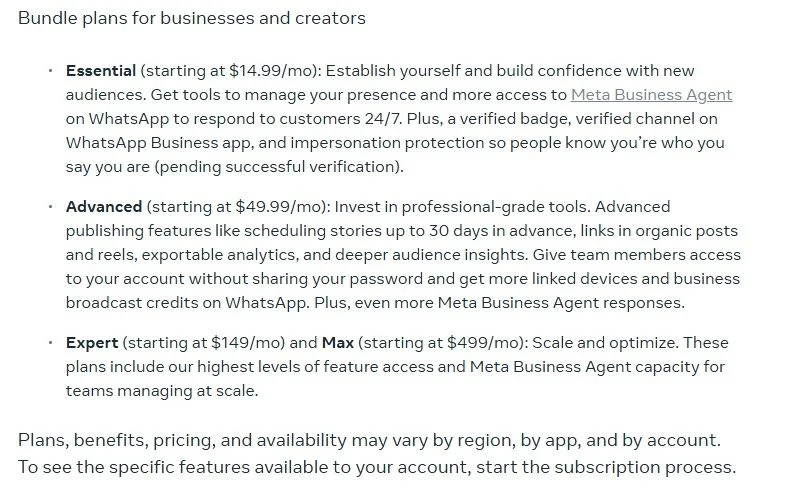 Meta One subscription details for creators and businesses.